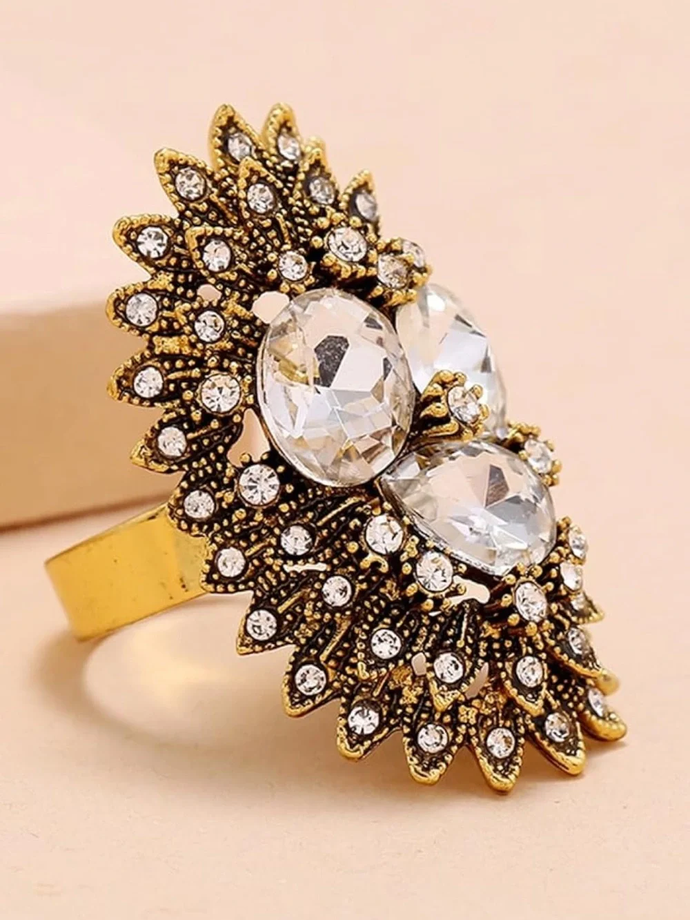 Anthropologie Gold-Tone Crystal Floral Statement Ring